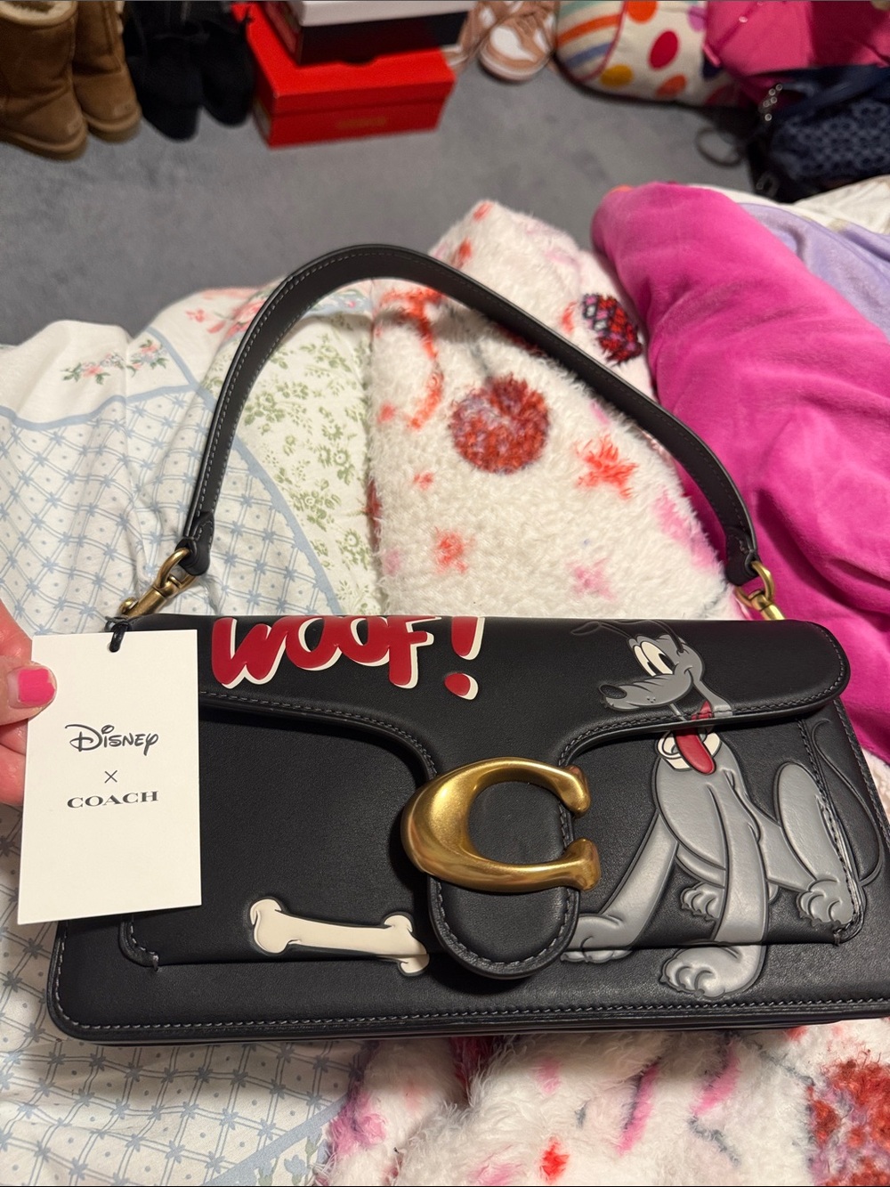 Coach Black Disney x Coach Leather Shoulder Bag with Pluto Graphic